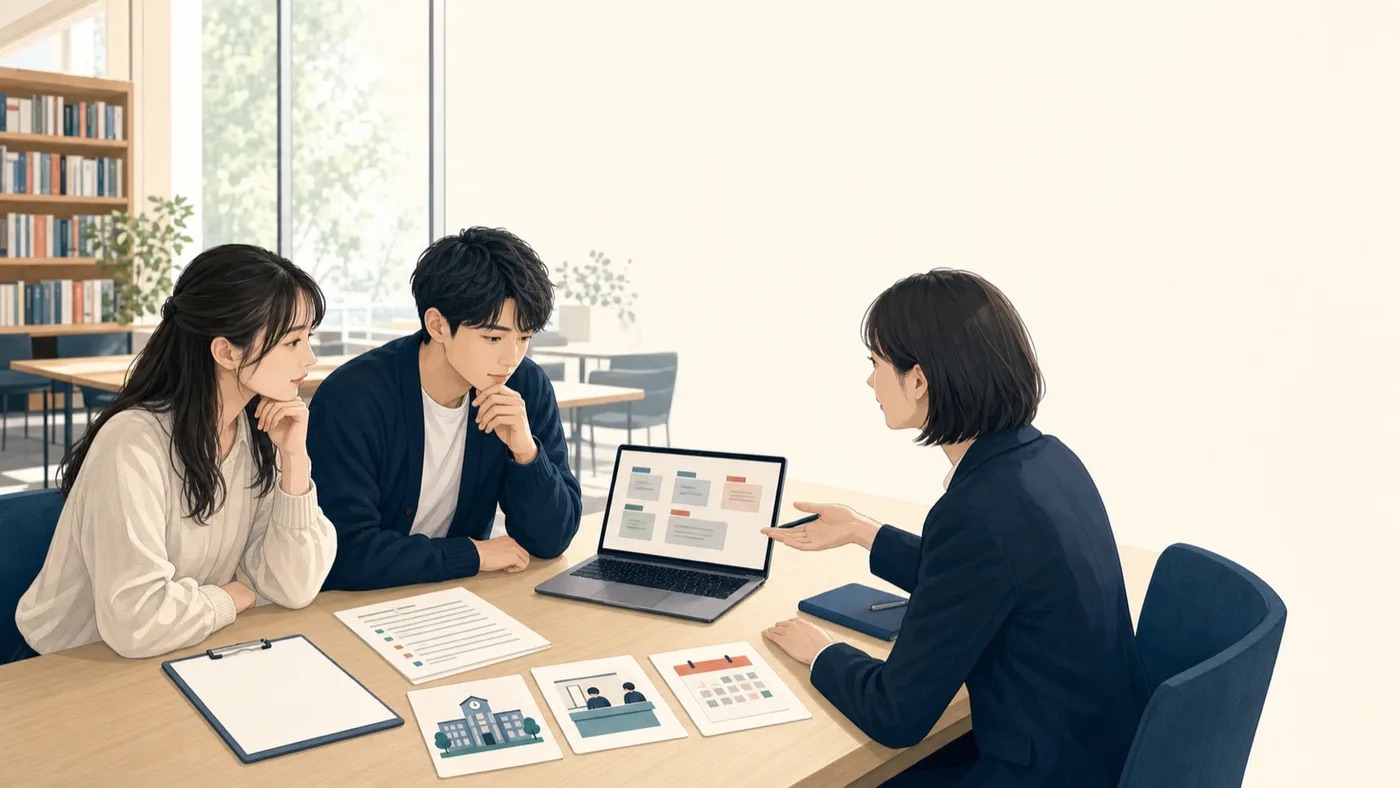 大学・公的窓口・民間サービスの相談先を整理する学生のイメージ
